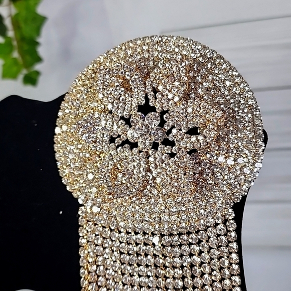 Large Statement Petal Flower Brooch Pin Yellow Gold Rhinestone Fringe New - Picture 9 of 13